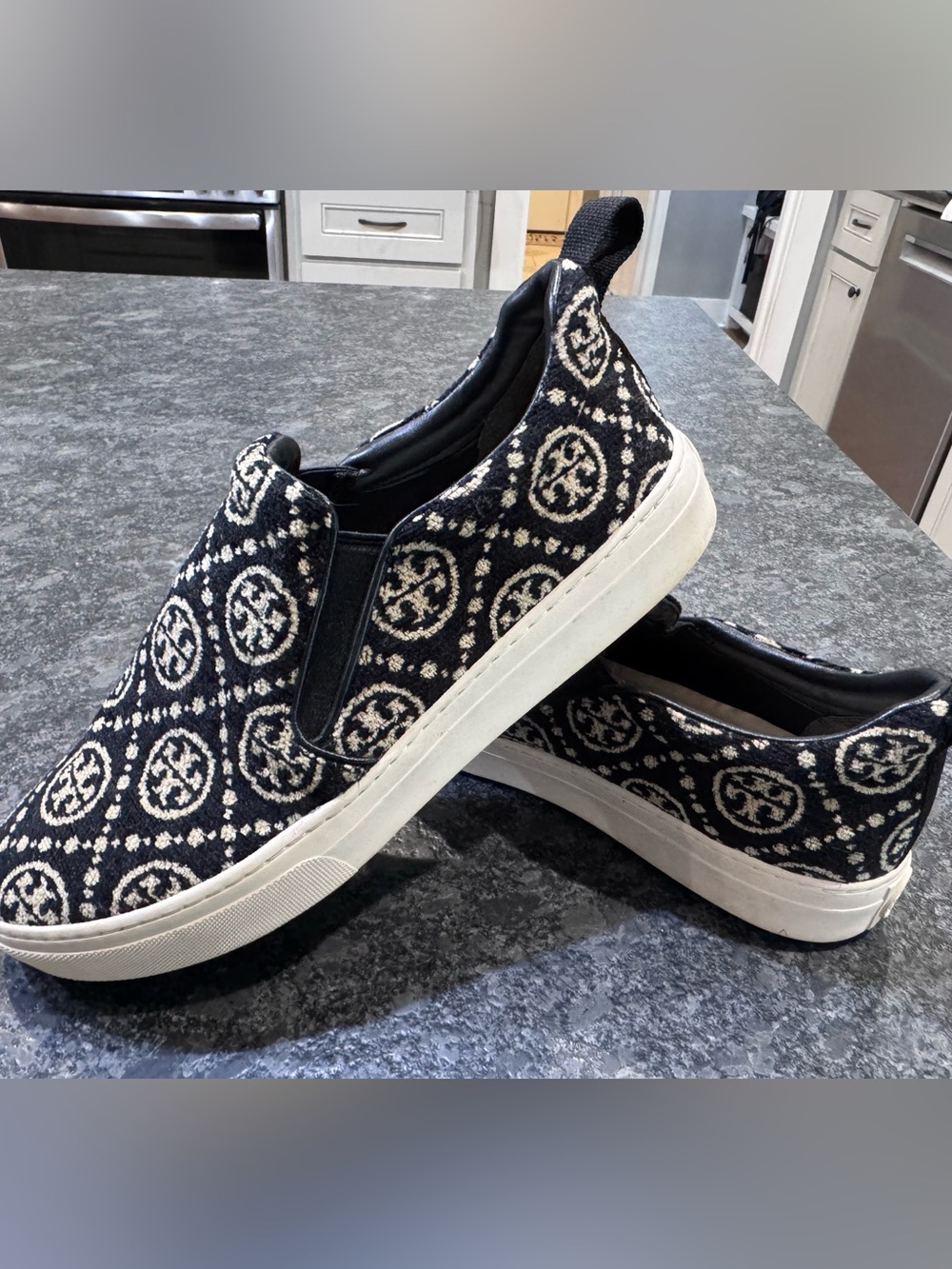 Tory Burch Black & White Logo-Pattern Slip-On Sneakers